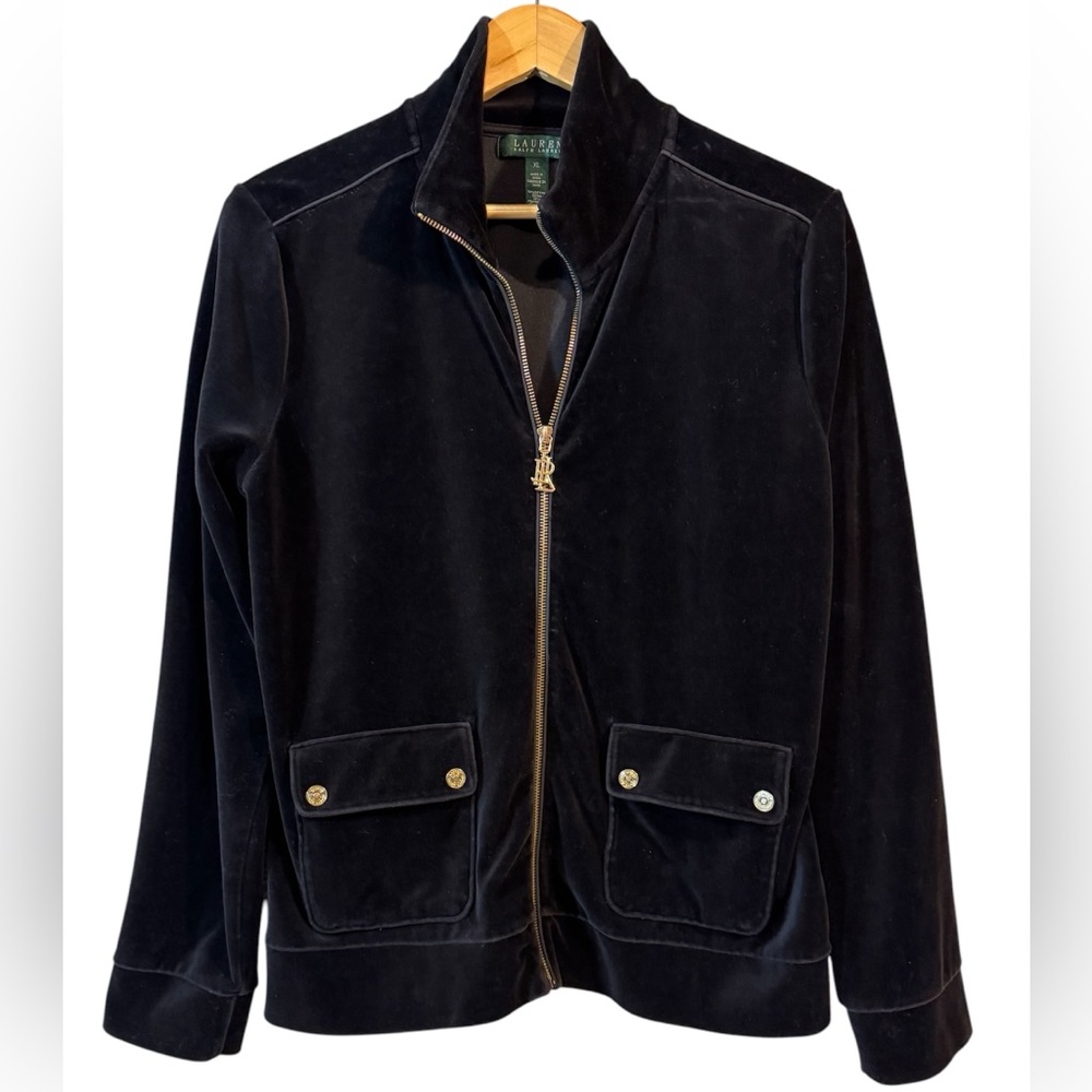 Lauren Ralph Lauren Women Black Zip Velour Velvet Tracksuit Jacket Size XL VTG